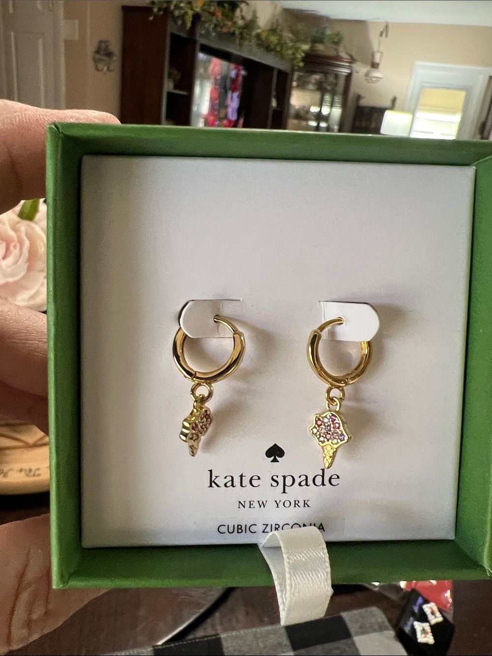 New kate spade gold hoop earrings with pink crystal charms